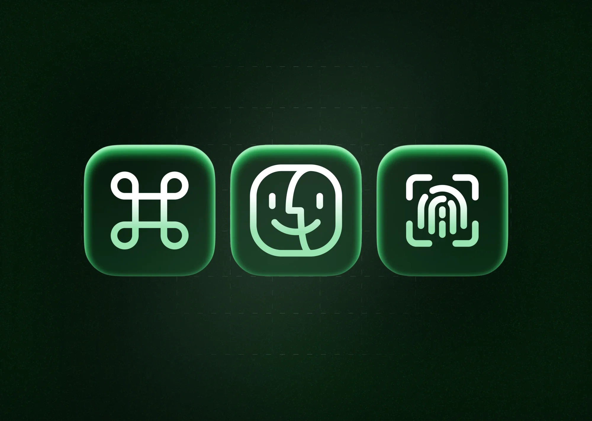 Green glowing Mac icons: Command key, Finder and Touch ID