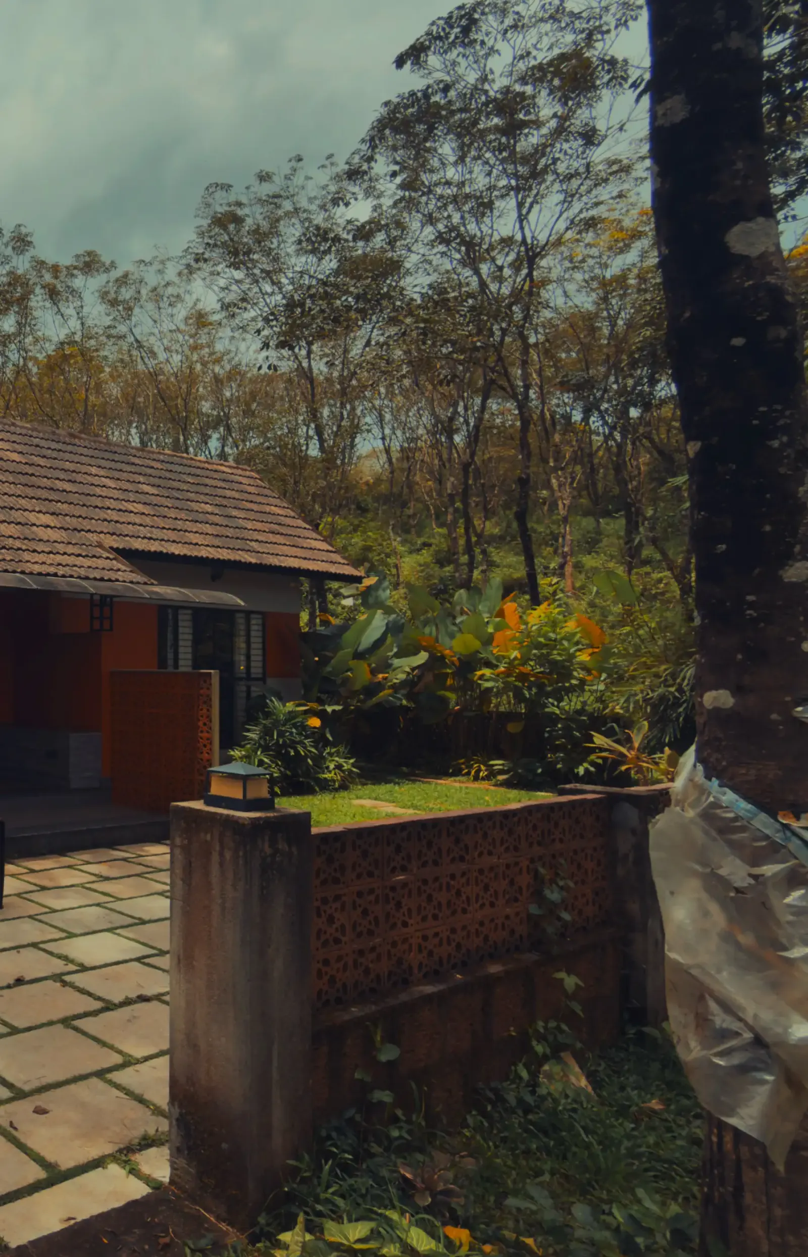 Tiled-roof cottage and a garden wall under tall trees on a cloudy day