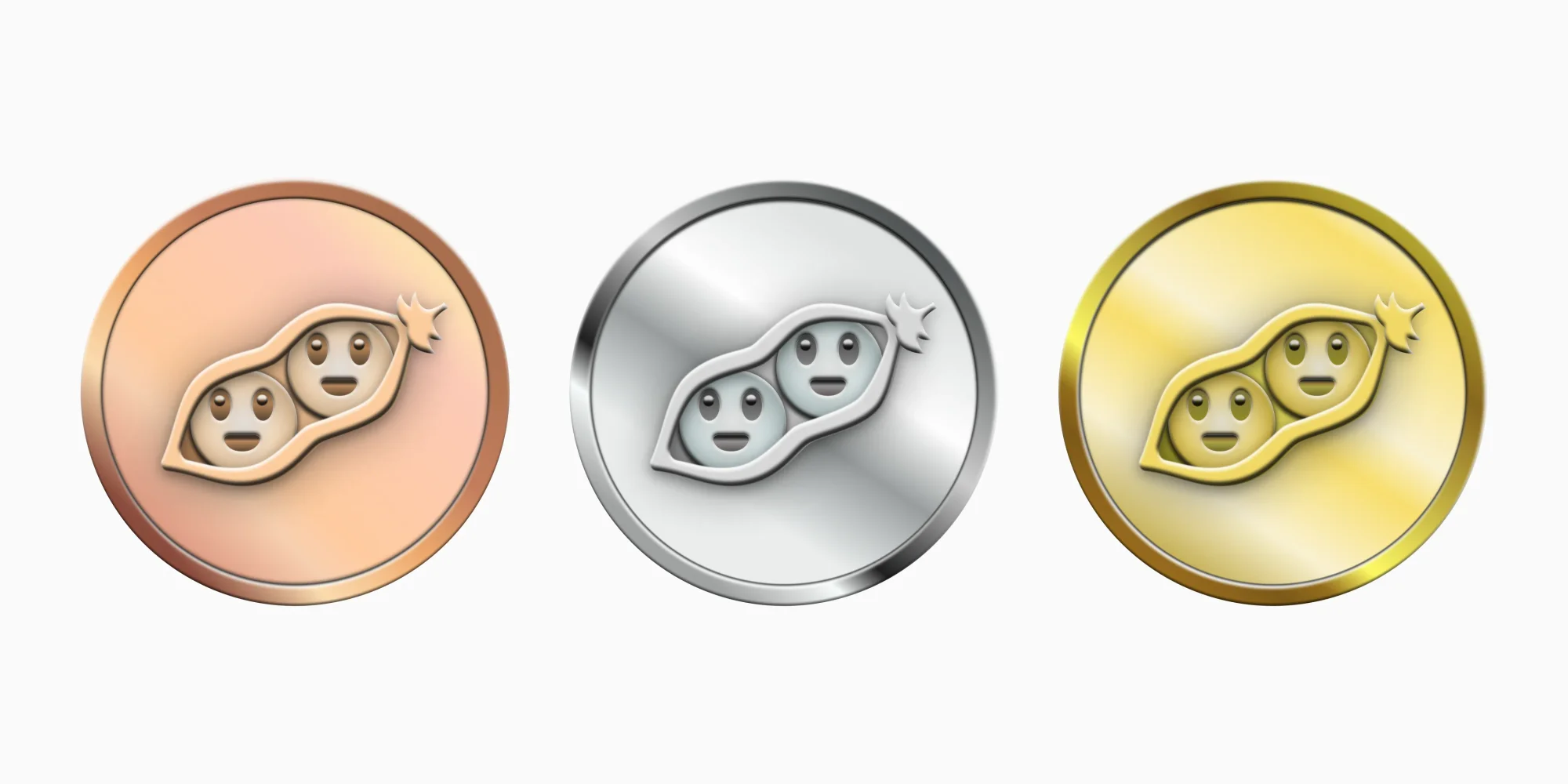 Bronze, silver and gold coin badges with a pea-pod character