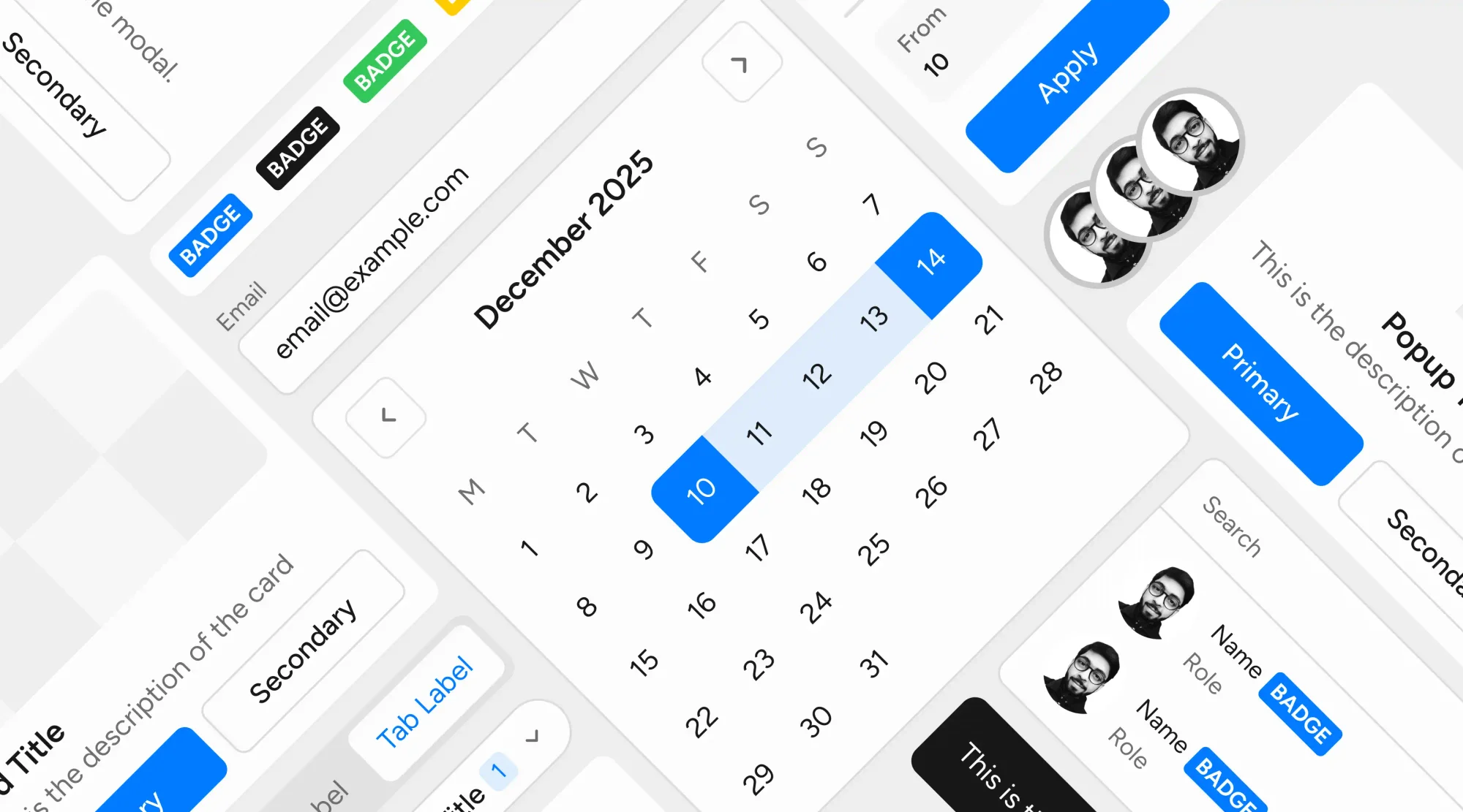 UI component set: calendar, buttons, badges, inputs and avatars