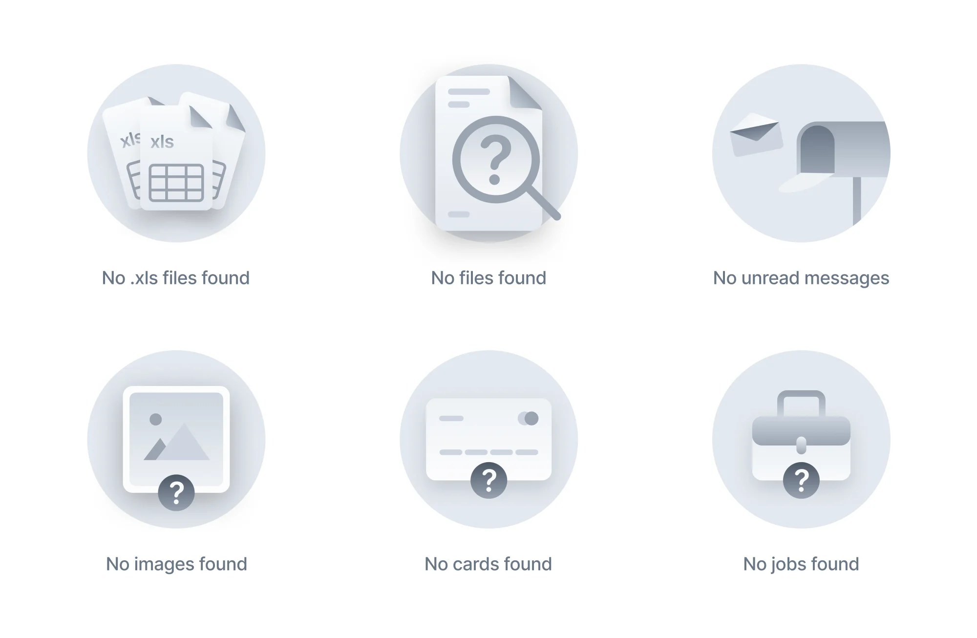 Set of empty-state illustrations: no files, no messages, no images, no cards, no jobs