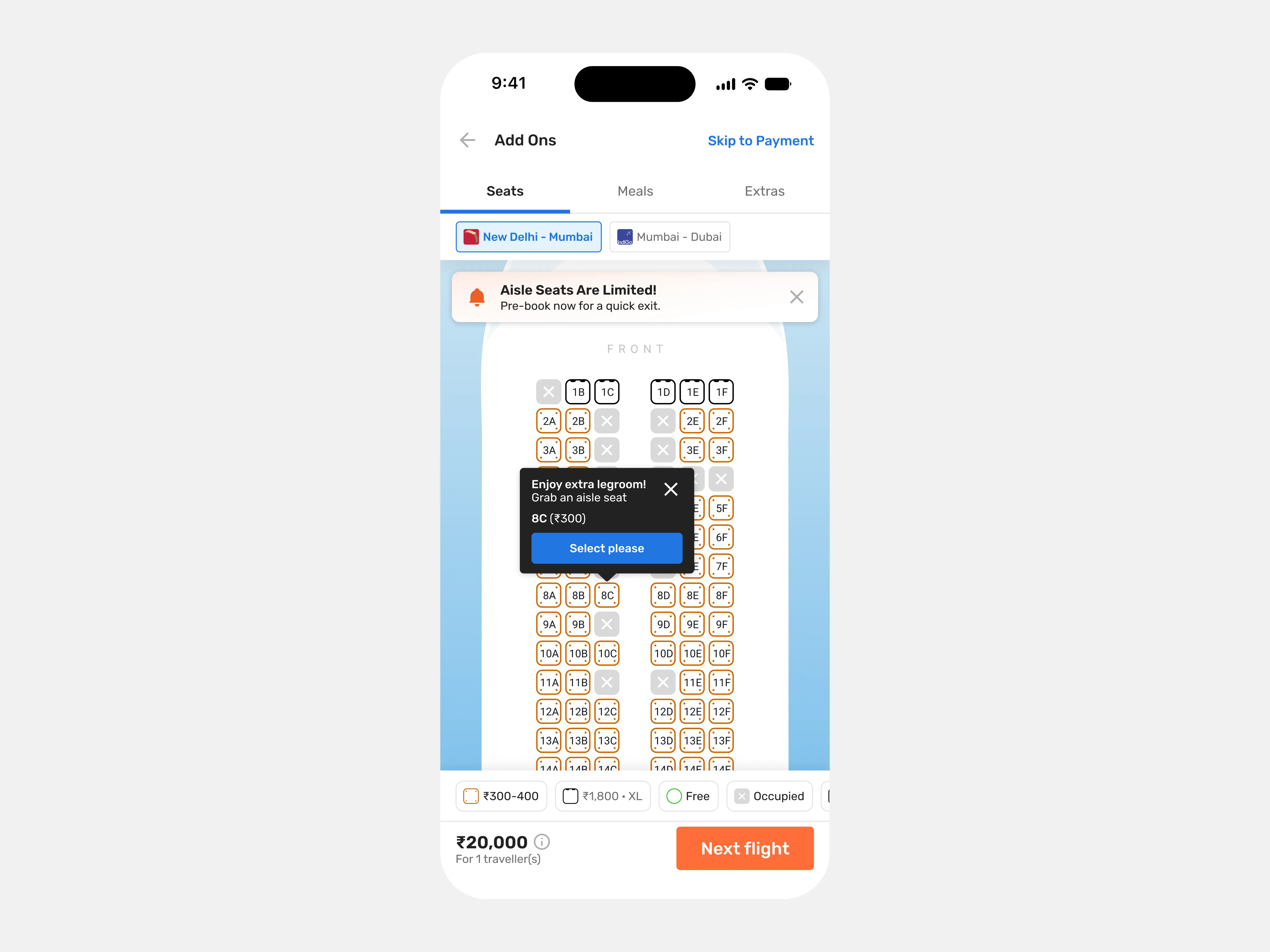 Goibibo flights seat selection desktop preview