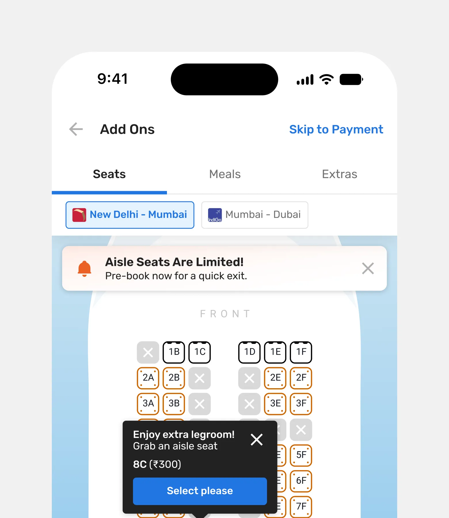 Goibibo flights seat selection mobile preview