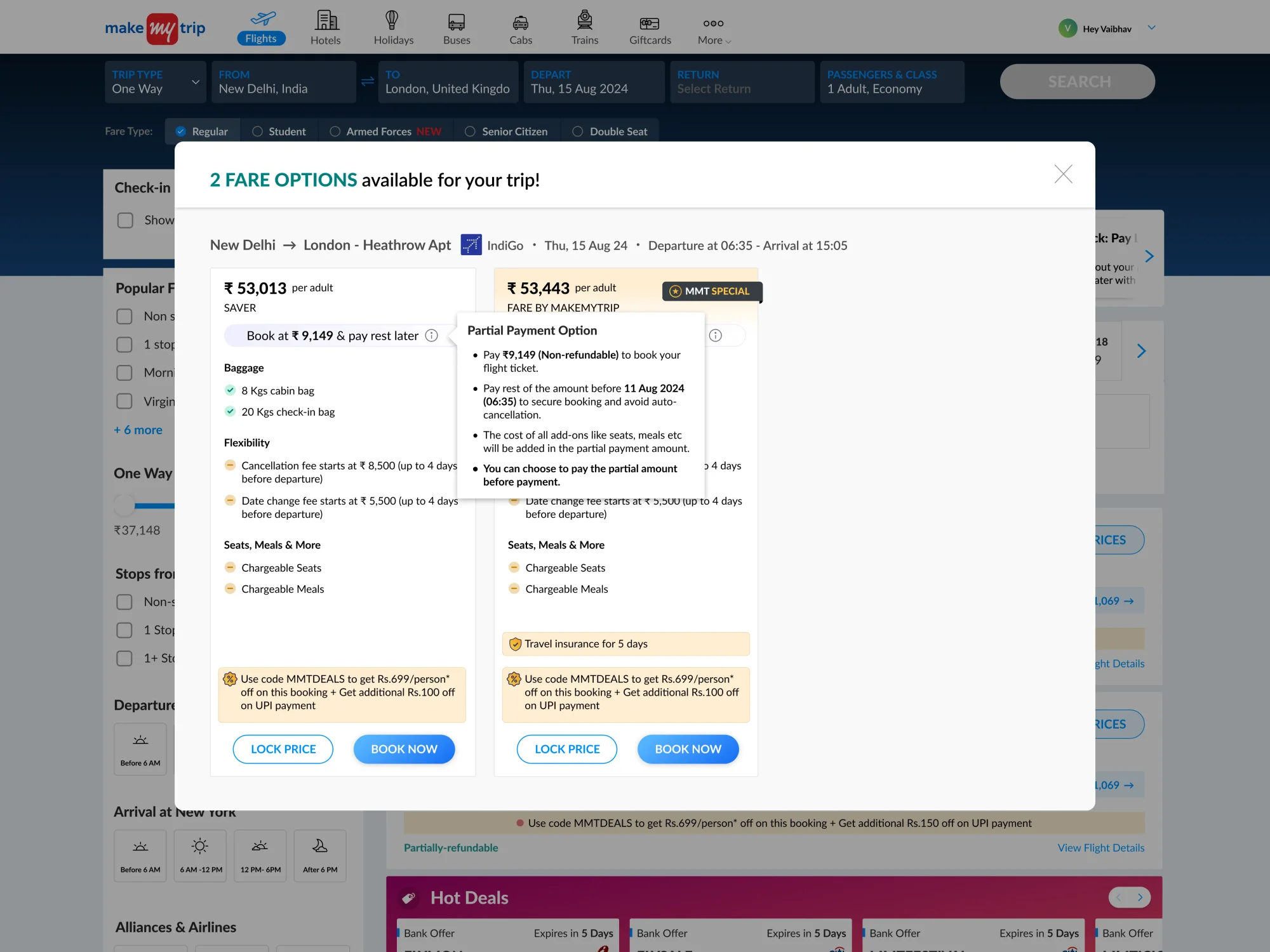 MakeMyTrip Partial Payment desktop preview